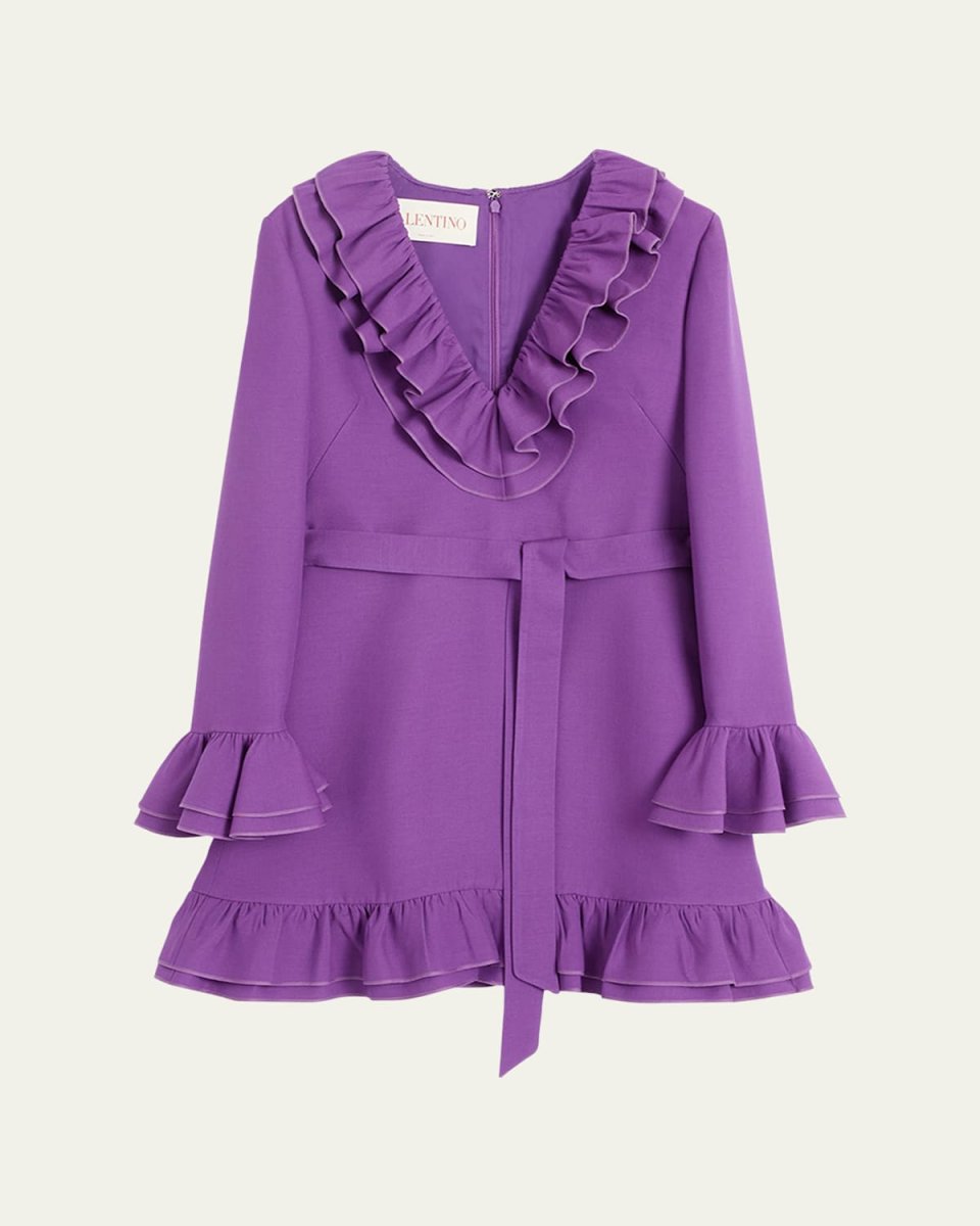 Tiered Ruffle V-Neck Wool Mini Dress